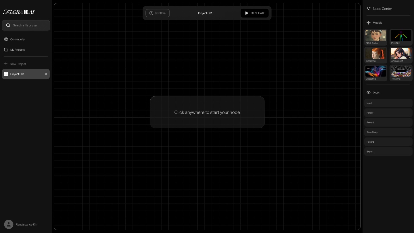 An empty FLORA project with the Node Center open: models on the right, logic beneath them