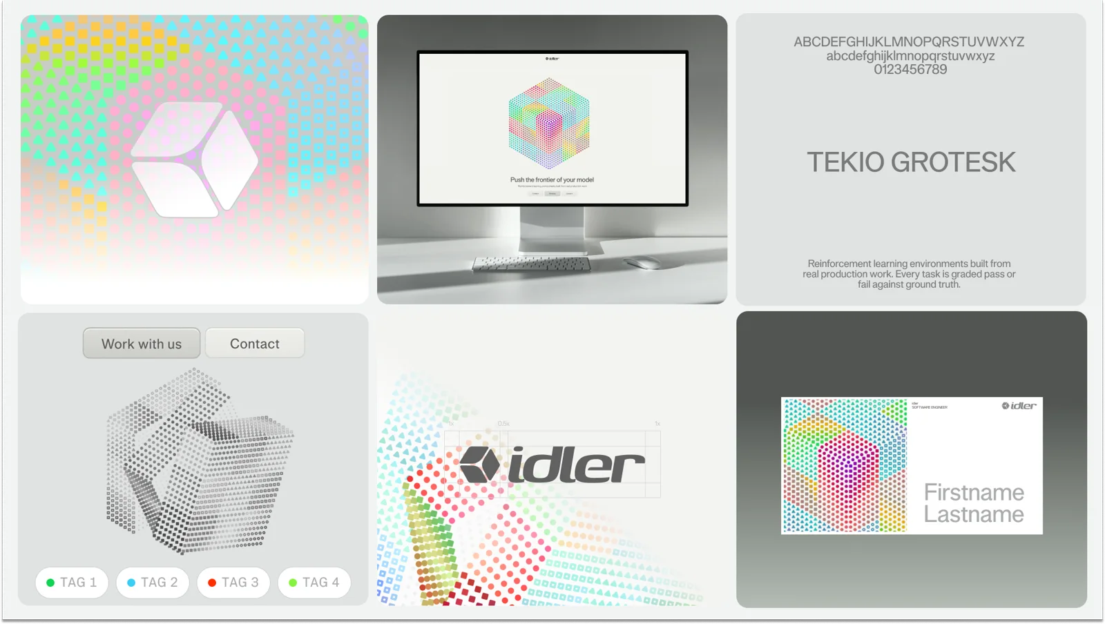 The Idler identity board: the Shell mark on a field of units, the site on a display, Tekio Grotesk, controls over a grayscale Shell, the wordmark lockup, and a business card