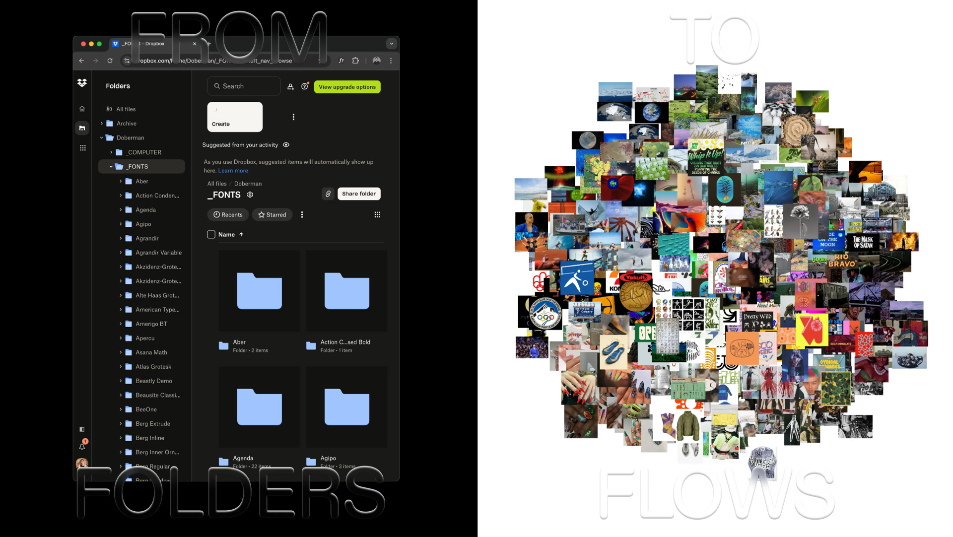 From folders to flows: a Dropbox folder list beside the same library mapped as a visual cluster